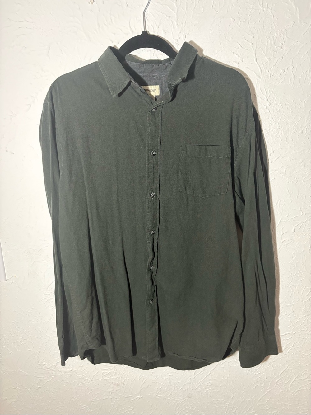 Haggar Olive Green Long Sleeve Button Down Flannel Like Shirt